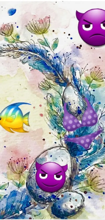 Whimsical watercolor wallpaper with emojis and a colorful, dreamy theme.