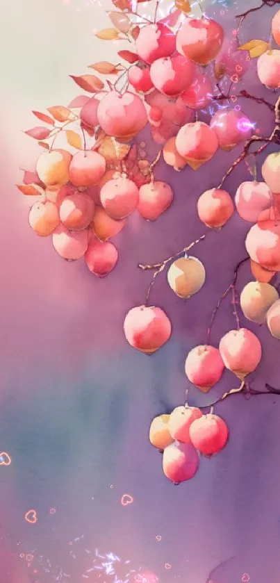 Watercolor painting of pink fruit on branches with a pastel background.