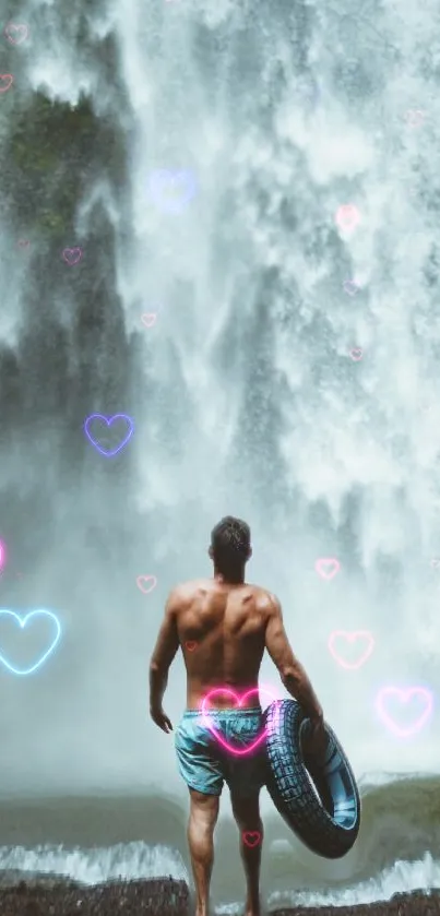 Man at waterfall with neon heart overlays background.