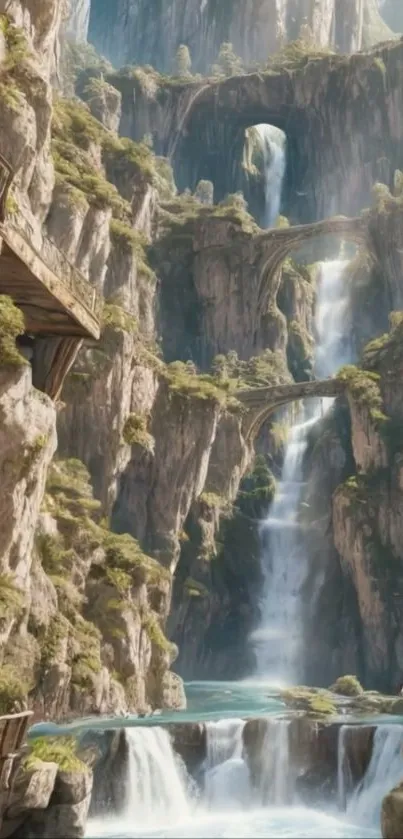 Fantasy landscape with cascading waterfalls and bridges.