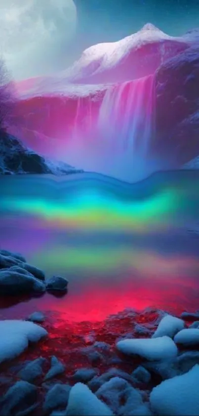 Surreal waterfall and aurora with vibrant colors and a full moon in the night sky.