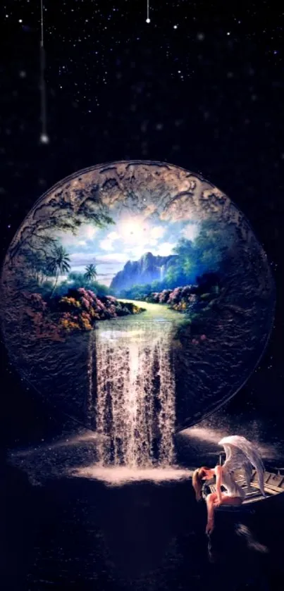 Cosmic themed wallpaper with a waterfall cascading from a celestial sphere.