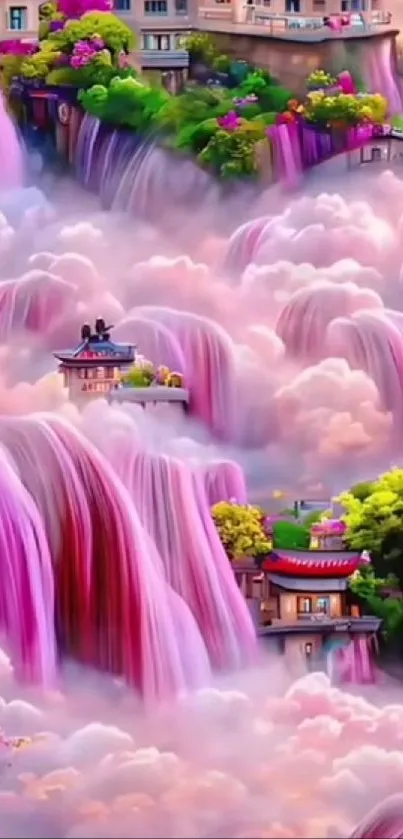 Dreamy fantasy waterfall wallpaper with pink hues.