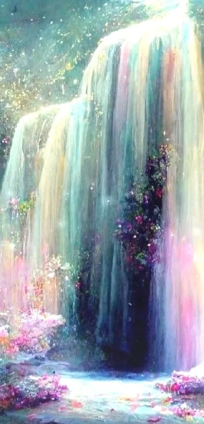 Fantasy waterfall with colorful flowers and ethereal lighting.