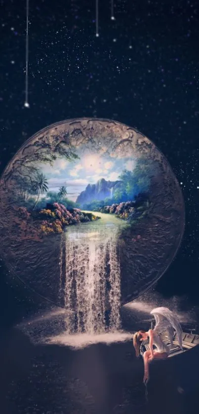 Surreal waterfall landscape with cosmic background and gentle scenery.