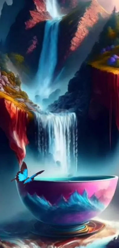 Fantasy waterfall with colorful bowl and butterfly in mountain backdrop.