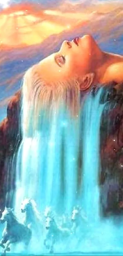 A surreal fantasy art of a waterfall blending with a woman's face and mythical horses.