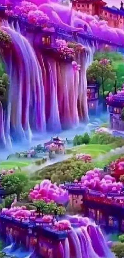 Colorful fantasy landscape with waterfalls.