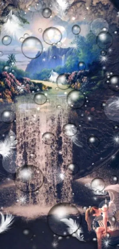 A dreamy mobile wallpaper with a waterfall, bubbles, and angelic figures.