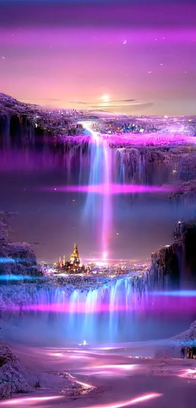 A fantasy scene with a vibrant purple waterfall cascading in a dreamlike landscape.