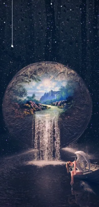 Dreamy fantasy wallpaper with waterfall and celestial sphere.