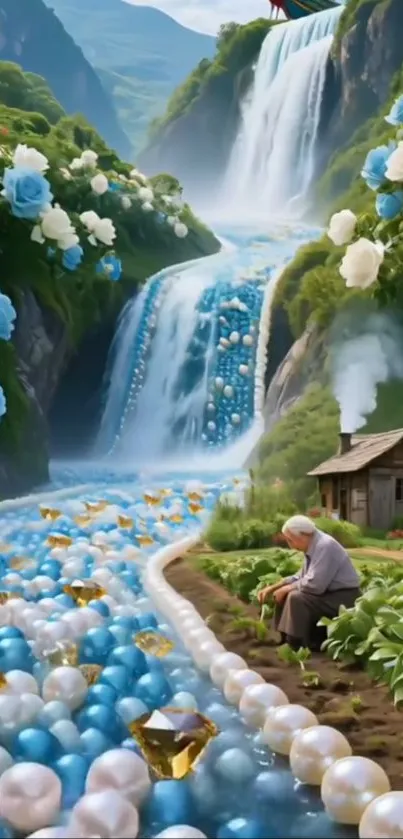 Fantasy landscape with waterfalls, flowers, and pearls.