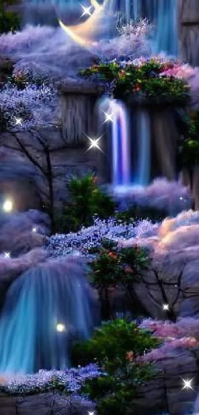 Dreamy waterfall fantasy wallpaper, serene and illuminated landscape.