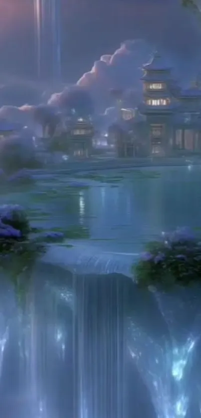 Serene landscape with waterfalls under a mystical sky.