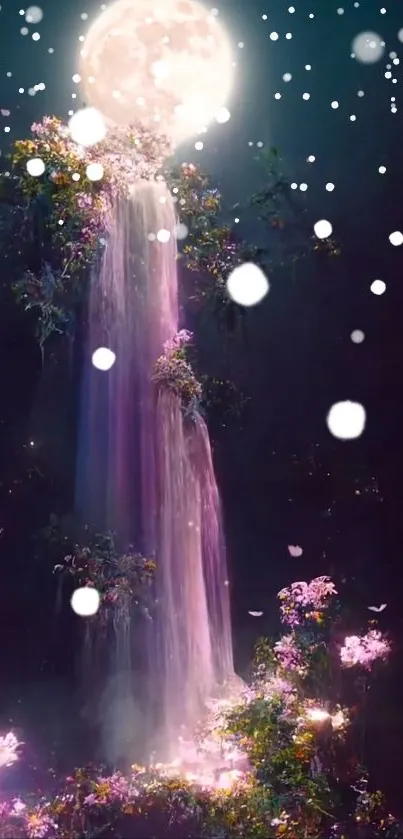 Mystical waterfall under bright moon in a dreamy, starry night setting.