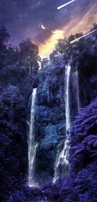 Ethereal night scene with a waterfall and starry sky.