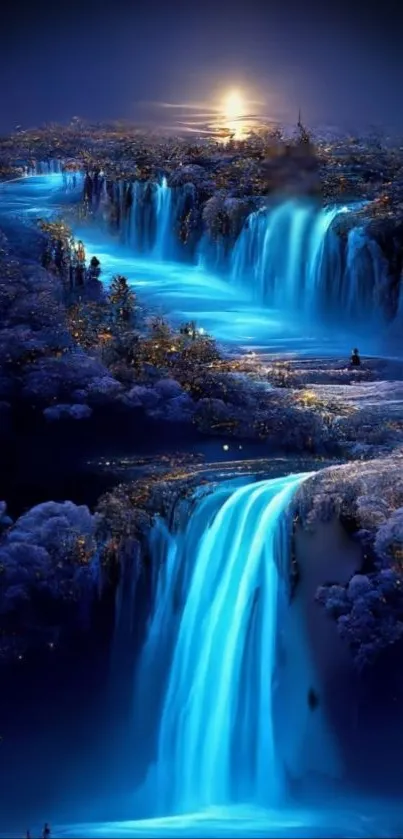 Dreamy blue waterfall under moonlight.