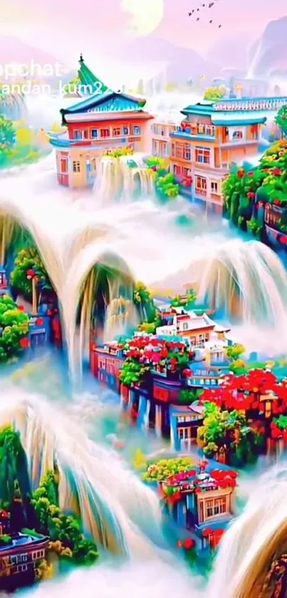 Fantasy town with cascading waterfalls and vibrant colors.