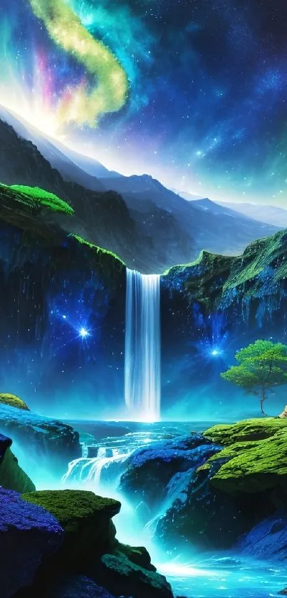 Waterfall with aurora borealis and starry sky
