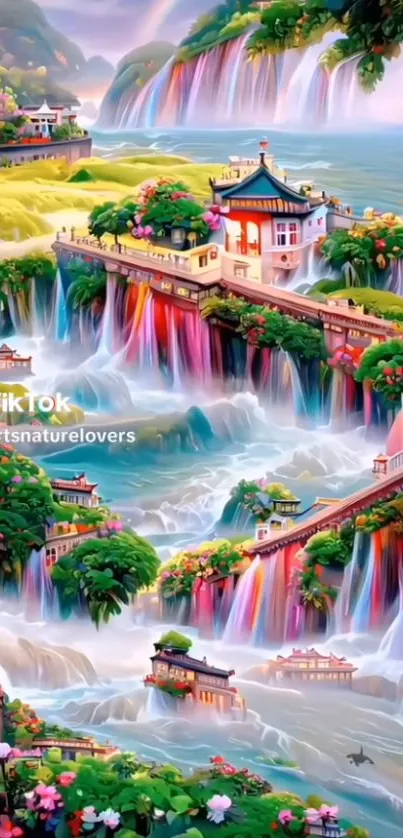 Dreamy village with flowing waterfalls and lush greenery.