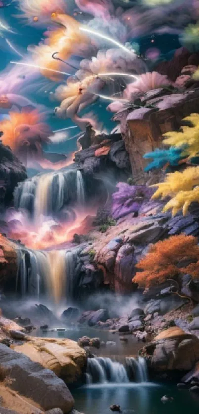 Fantasy waterfall with vibrant colors and dreamlike atmosphere.