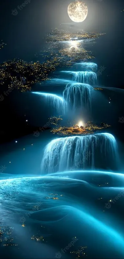 Blue waterfalls under a full moon with golden accents.