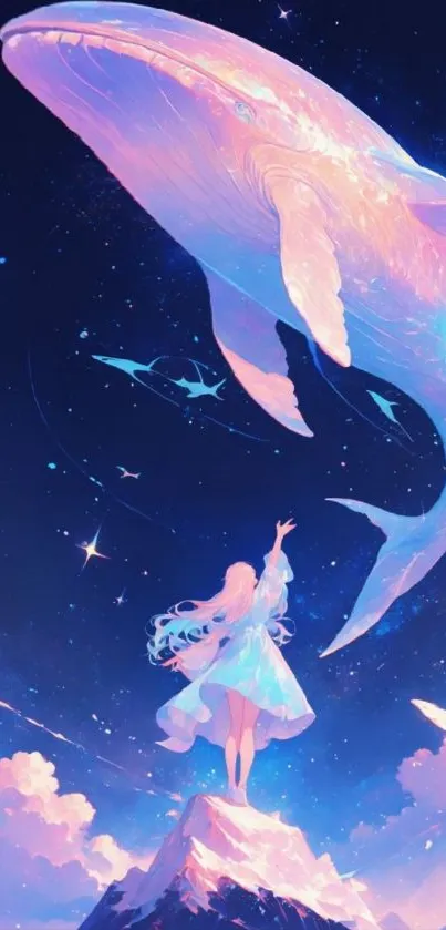 Whimsical illustration of a girl and a whale in a starry sky.
