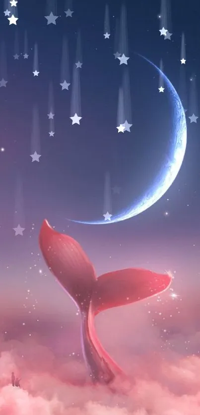 Whale tail in pink clouds under crescent moon.