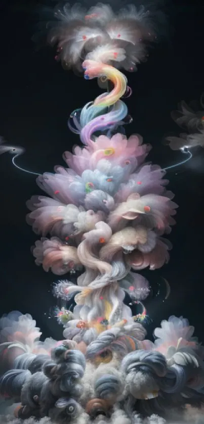 Whimsical abstract clouds in a dreamy, colorful swirl set against a starlit sky.