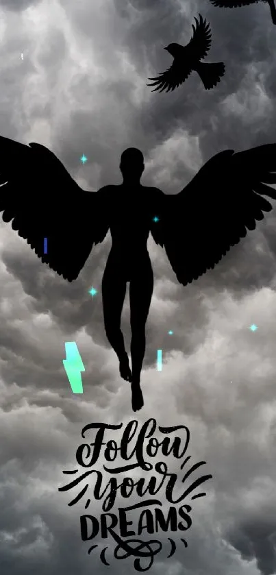 Silhouette with wings and 'Follow Your Dreams' text on a cloudy sky background.