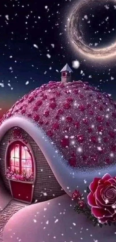 Whimsical igloo with pink dome under a celestial sky, surrounded by snow and roses.
