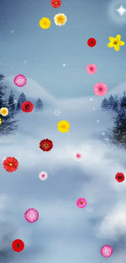 Night sky winter landscape with colorful flowers.