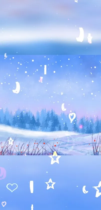 Dreamy winter night wallpaper with snowy landscape and starry sky.