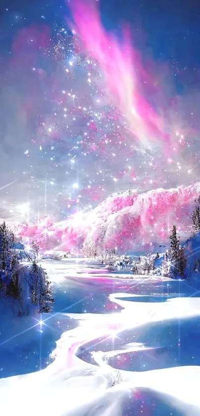 Dreamy winter nightscape with pink aurora and sparkling mountains.