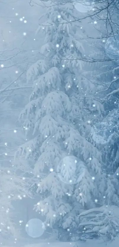 Dreamy winter forest with snow-covered trees and gentle snowfall.