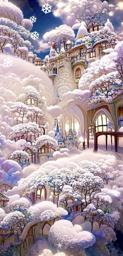 Dreamy winter wonderland with snow-laden fantasy architecture.