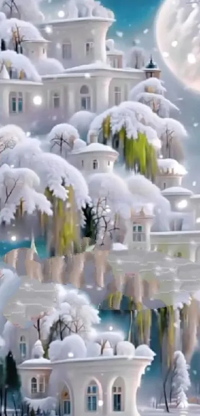 Winter wonderland with snow castles and moonlit sky.