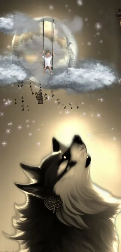 Dreamy wolf with glowing moon and child on swing in fantasy night scene.