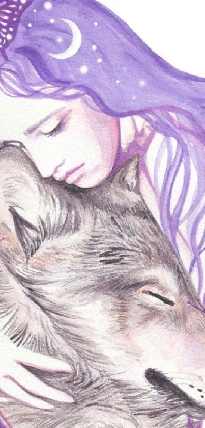 Woman with purple hair hugs a wolf, surrounded by butterflies in a dreamy scene.