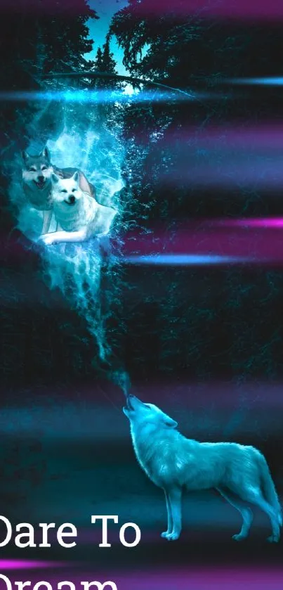 Mystical wallpaper of howling wolves in a moonlit forest with teal tones.