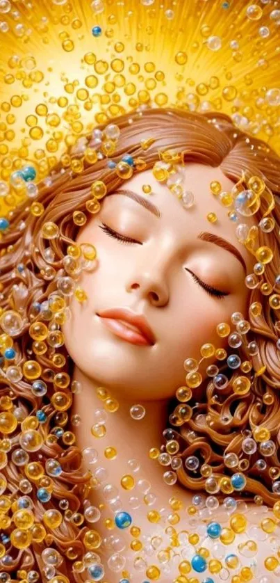 Serene woman surrounded by glowing bubbles.