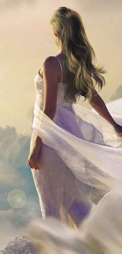 Ethereal woman in white dress amidst clouds.