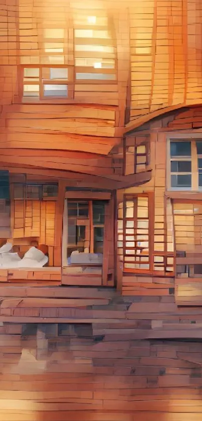 Dreamy wooden house abstract wallpaper with warm tones.