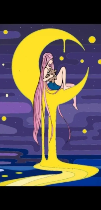 Artistic illustration of a girl on a yellow moon against a starry sky.