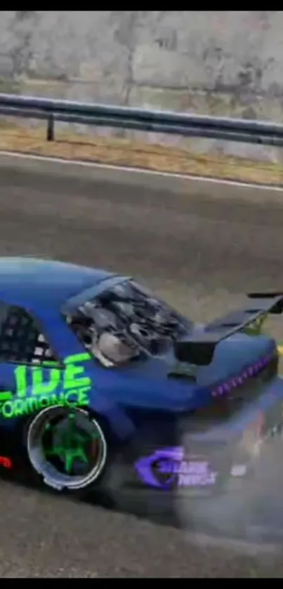 High-speed drifting car with vibrant graphics on the track.