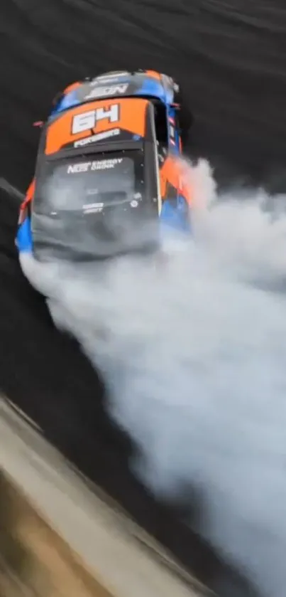 Race car drifting with smoke on track.