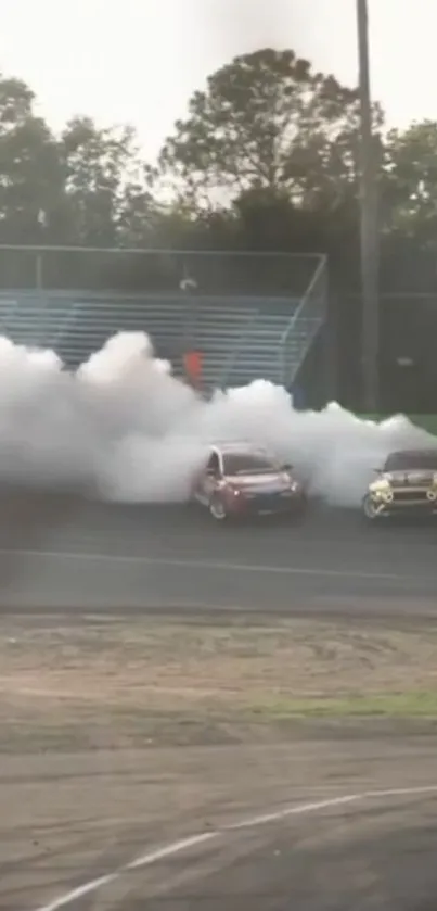 Two cars drifting on a race track with smoke clouds.