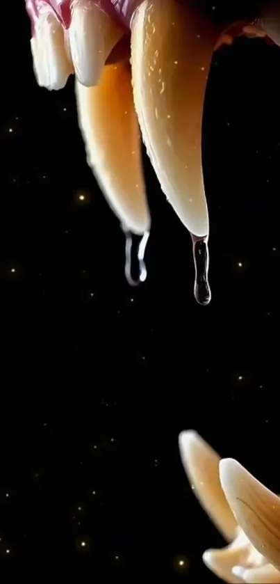 Dripping vampire fangs against a starry black background wallpaper.
