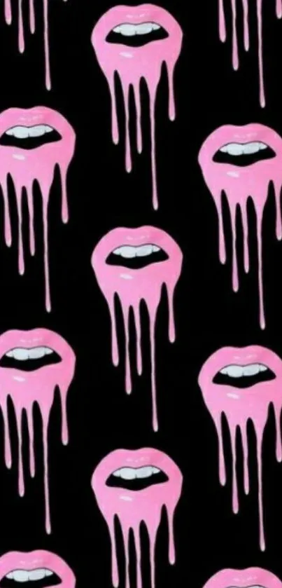 Dripping pink lips pattern on black background wallpaper.