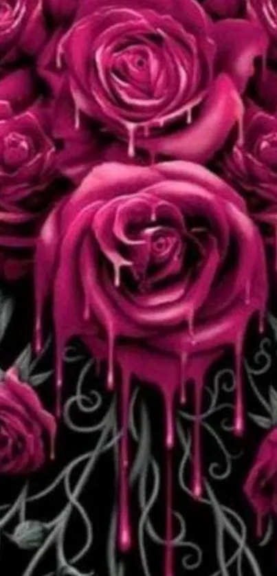 Dark mobile wallpaper with dripping magenta roses on a black background.